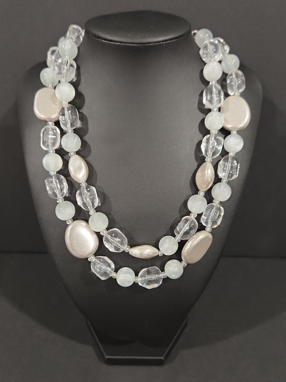 Vintage Premier Designs Double Strand White Silver Bead Costume Necklace 15-20"